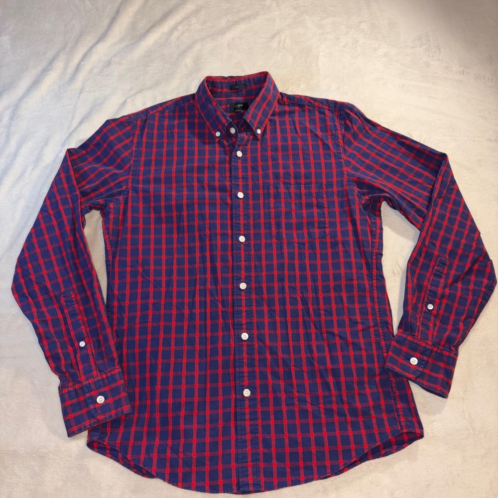 J.Crew Mens Slim Fit Button‎ Down Shirt Medium Red Navy Blue Check Long Sleeve